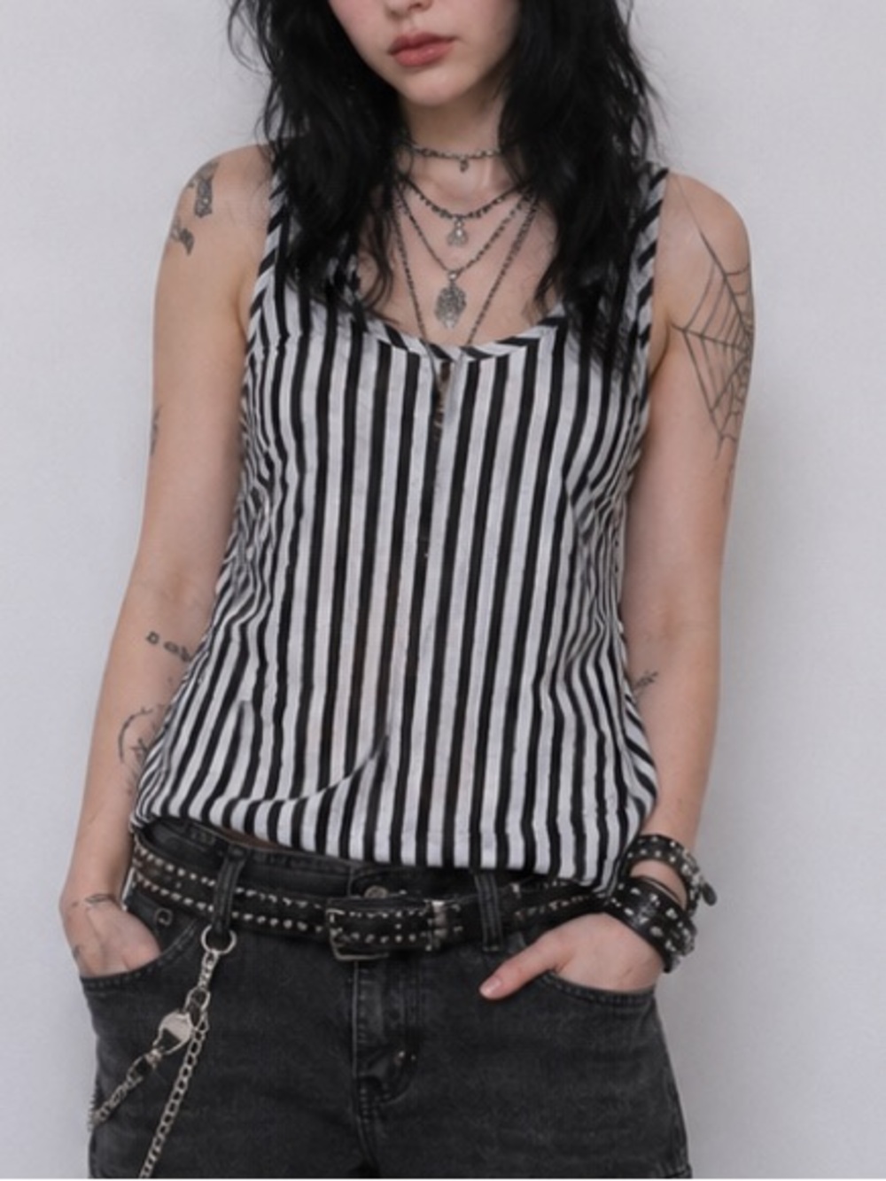 Guilty Black and White Striped Goth Tank Top